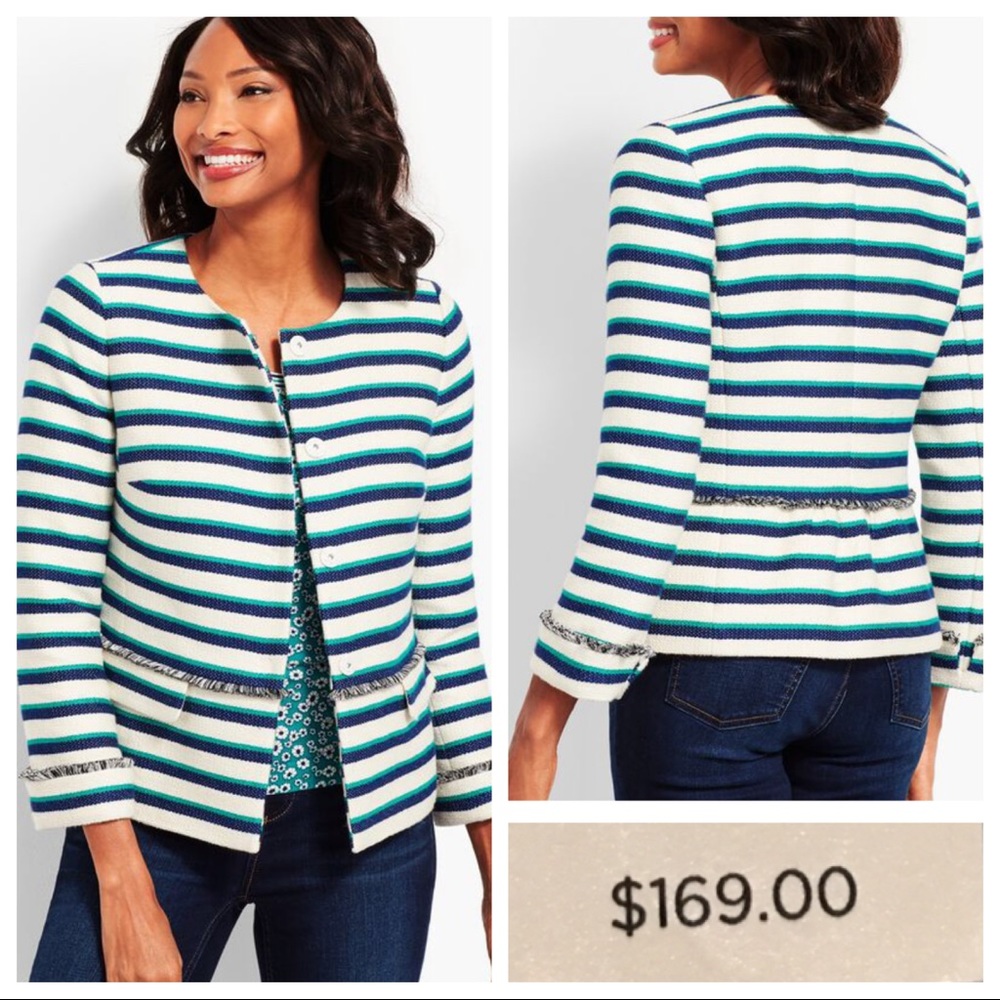NWT! Talbots Navy, Teal Green, Ecru Striped Fringe Blazer Jacket, Size 12
